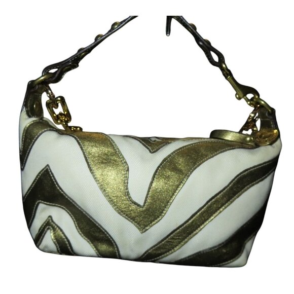 Coach 2005 Canvas & Leather Pochette Demi Bag White w/ gold Zebra Print Accents - Picture 2 of 12